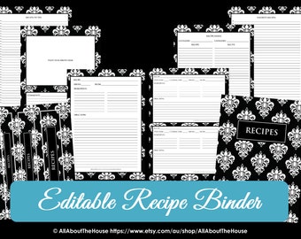 EDITABLE Recipe Binder Printables Recipe Sheet Recipe Card Recipes to Try Template PDF Editable Binder Cover Spine Favorite Recipes Damask