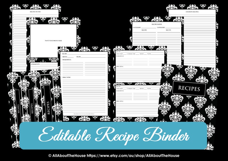 EDITABLE Recipe Binder Printables Recipe Sheet Recipe Card Recipes to Try Template PDF Editable Binder Cover Spine Favorite Recipes Damask image 1