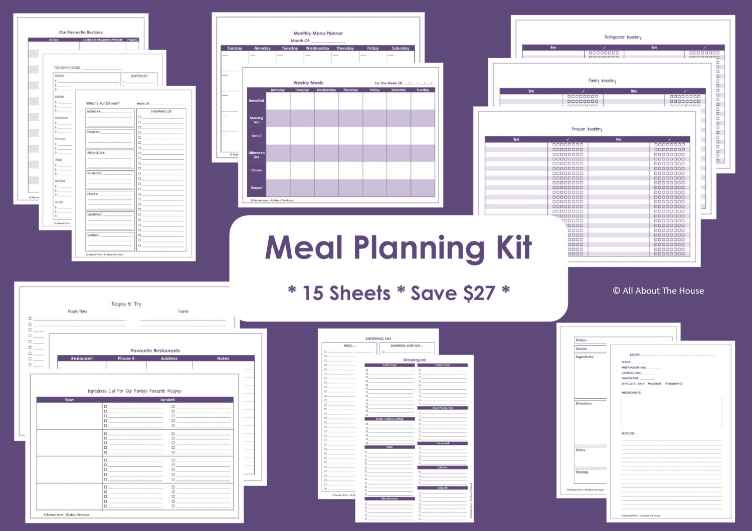 Menuplanner afdrukbare items - Maaltijdplanningsorganisatie - Huishoudmap - 15 vellen - Voordeelpakket