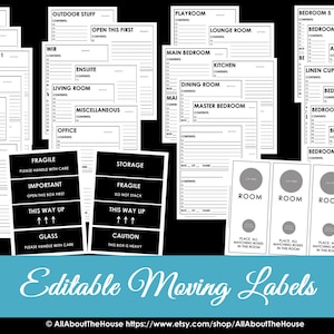 May include: Black and white printable moving labels with text fields for room names and contents. The labels include room names such as "Study", "Bathroom 1", "Garage", "Master Bedroom", "Playroom", "Linen Cupboard", and "Attic".  The labels also include instructions such as "Fragile", "Important", "This Way Up", "Glass", and "Caution".