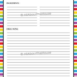 May include: Printable recipe card template with a colorful rainbow border. The card has sections for the recipe name, servings, from, ingredients, and directions.