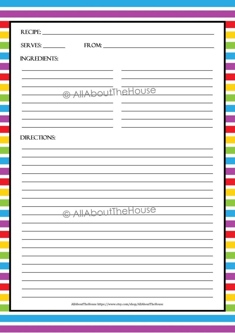 May include: Printable recipe card template with a colorful rainbow border. The card has sections for the recipe name, servings, from, ingredients, and directions.