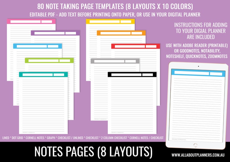 Note taking template printable planner or digital planning bullet journal graph lined checklist to do cornell US letter size can resize image 6