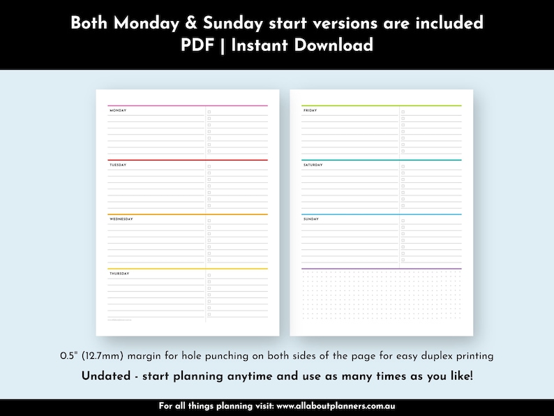 Weekly Planner Horizontal 2 Page Spread Layout Monday Sunday Start ...
