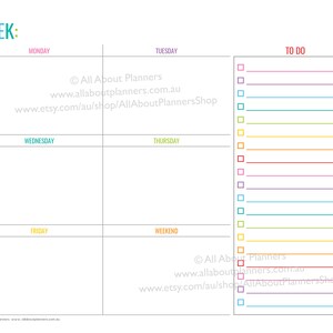 Weekly planner printable 1 page landscape spread insert editable refill to do checklist rainbow US letter size resize a5 half junior image 4