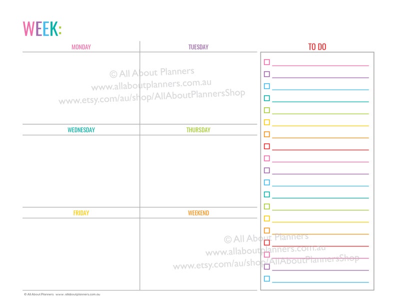 Weekly planner printable 1 page landscape spread insert editable refill to do checklist rainbow US letter size resize a5 half junior image 4