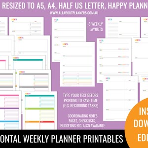 Weekly planner printable 2 page spread insert editable refill to do checklist rainbow ink friendly US letter size resize a5 half junior image 1