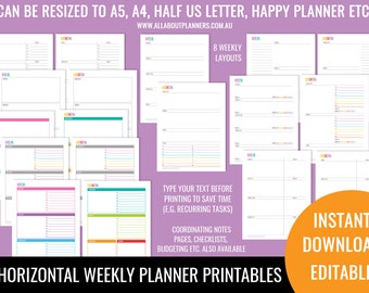 Weekly planner printable 2 page spread insert editable refill to do checklist rainbow ink friendly US letter size resize a5 half junior