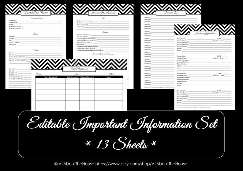 BLACK EDITABLE Important Information Printable Home Organisation Household Binder Pdf Chevron Printable Pet Insurance Phone Instant Download image 4