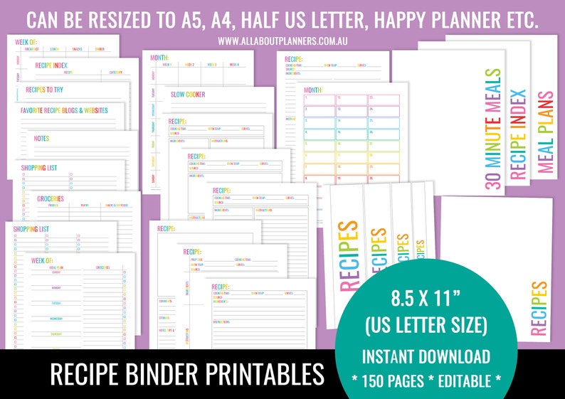 May include: A collection of printable recipe binder pages in US letter size, 8.5 x 11 inches. The set includes meal planners, grocery lists, recipe index sheets, and recipe cards with colorful text headers. The pages are editable and organized.