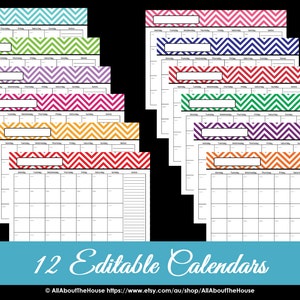 EDITABLE 12 monthly calendar printable chevron pattern use for 2022, 2023 and beyond Perpetual meal plan, cleaning, blog, family calendar image 1