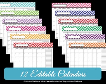 EDITABLE 12 monthly calendar printable chevron pattern use for 2022, 2023 and beyond! Perpetual - meal plan, cleaning, blog, family calendar