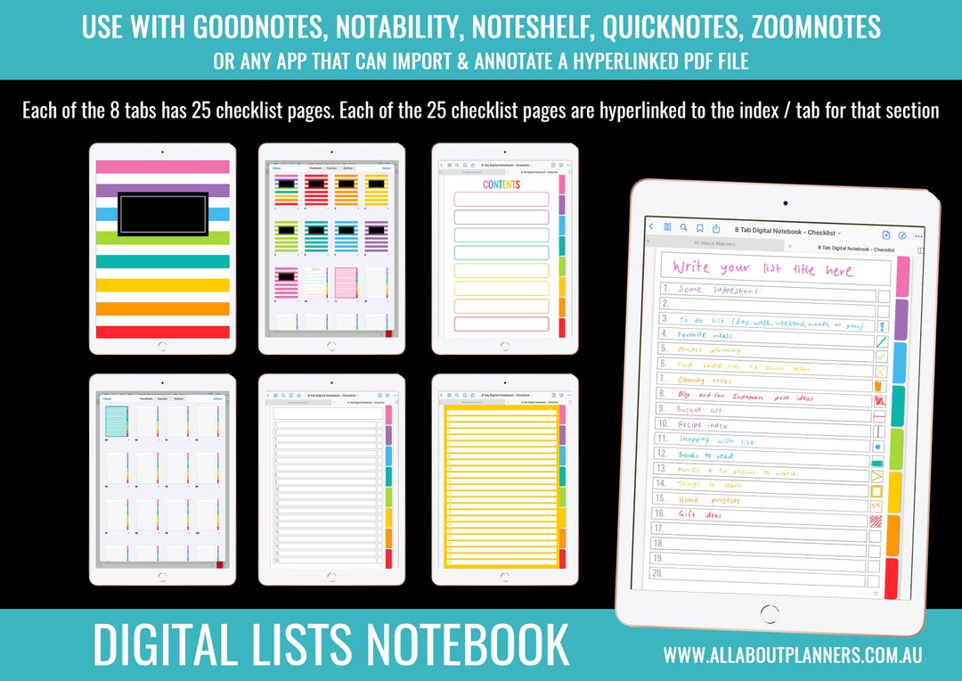 Goodnotes Checklist Notebook Journal to Do List 8 Subject Tabs ...
