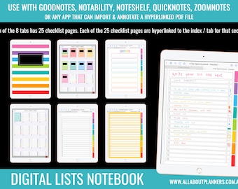 Goodnotes Checklist Notebook journal to do list 8 subject tabs hyperlinked rainbow template instant download school home organization pdf