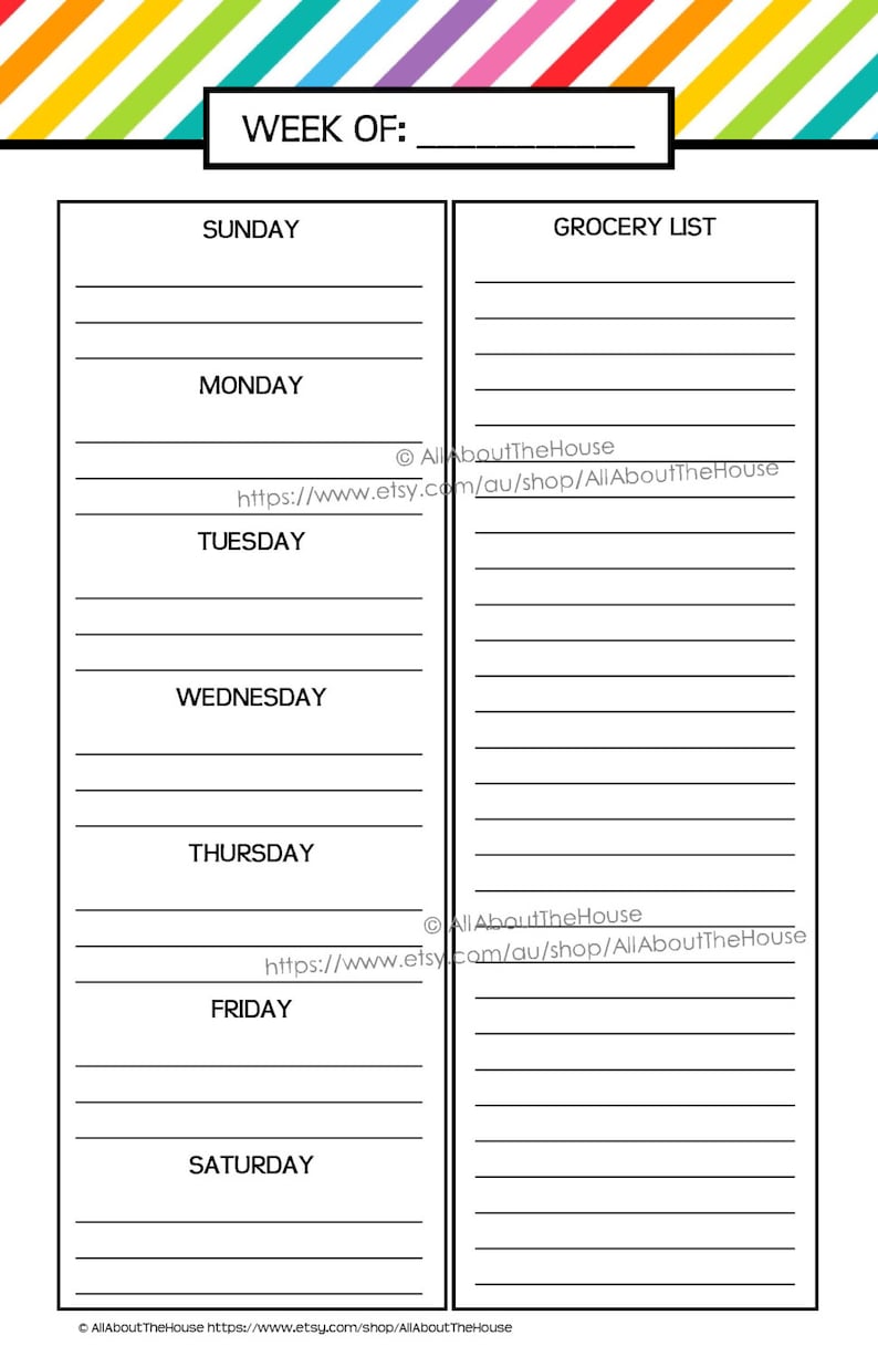 Weekly Meal Planner Printable Rainbow Stripe Menu Planner PDF - Etsy ...
