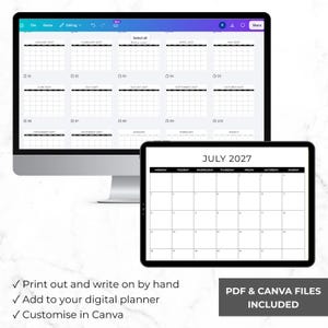May include: A computer monitor and a tablet displaying a 2027 calendar template. The screen shows a grid of monthly calendar pages from January to December 2027, while the tablet displays a single monthly view for July 2027 with black headers.