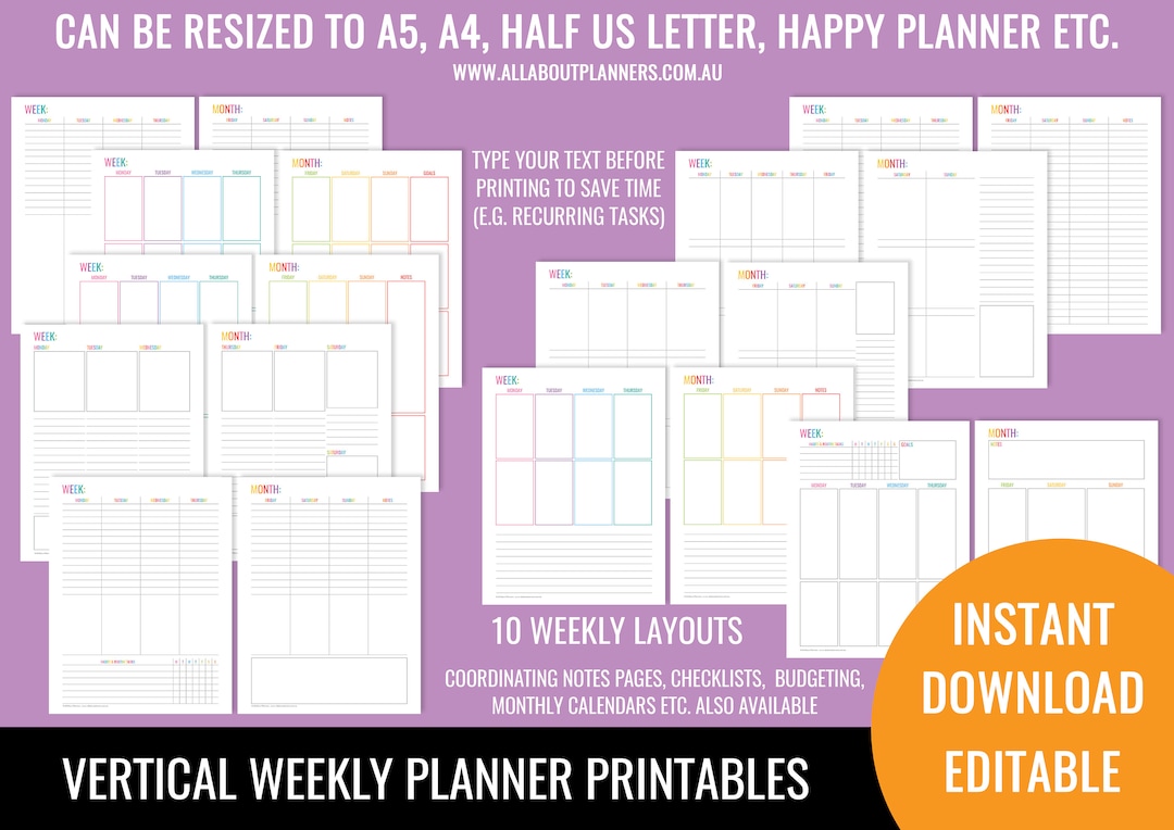 Vertical Weekly Planner Printable 2 Page Spread Insert Editable Refill ...