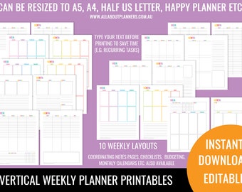 Vertical weekly planner printable 2 page spread insert editable refill rainbow ink friendly US letter resize a5 half junior happy planner