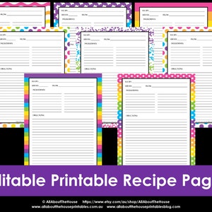 EDITABLE  Printable recipe card, Template, pdf, sheet, recipe page, Recipe Organisation, Recipe Box, cookbook, cooking printable, kitchen