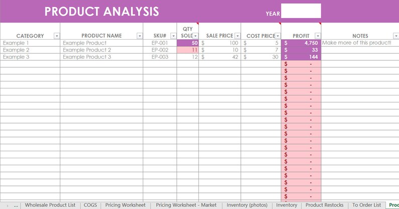 Inventory spreadsheet etsy seller tool shop management supplies materials cost of goods sold wholesale retail pricing worksheet excel PURPLE image 4