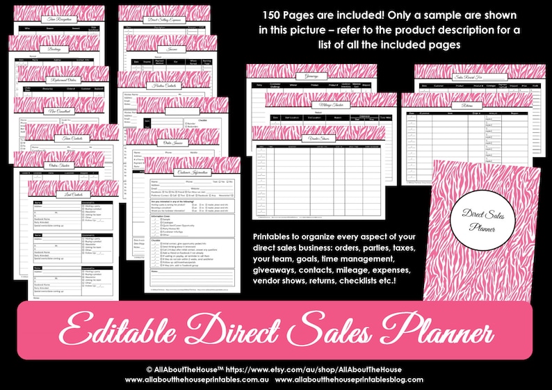 May include: A pink and white zebra print planner with the text "Direct Sales Planner" on the cover. The planner includes 150 pages and is designed to help organize all aspects of a direct sales business.