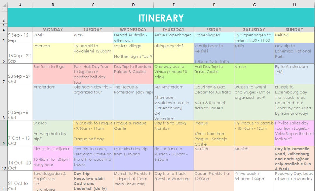 travel itinerary on excel