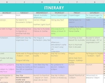 Travel Planning excel spreadsheets itinerary monthly organizer by day vacation trip holiday template diy resource tool instant download