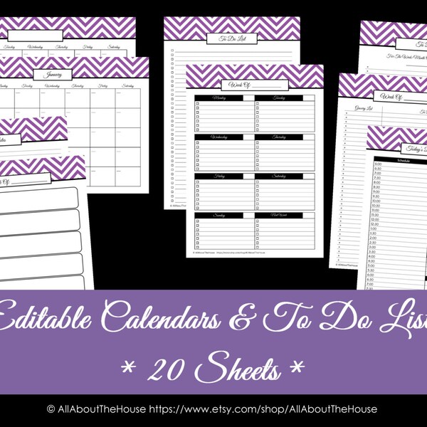 PURPLE EDITABLE - To Do List and Calendar Set Perpetual Calendar Household Binder Chevron Printable Do List Pdf Day Planner Instant Dl 2018