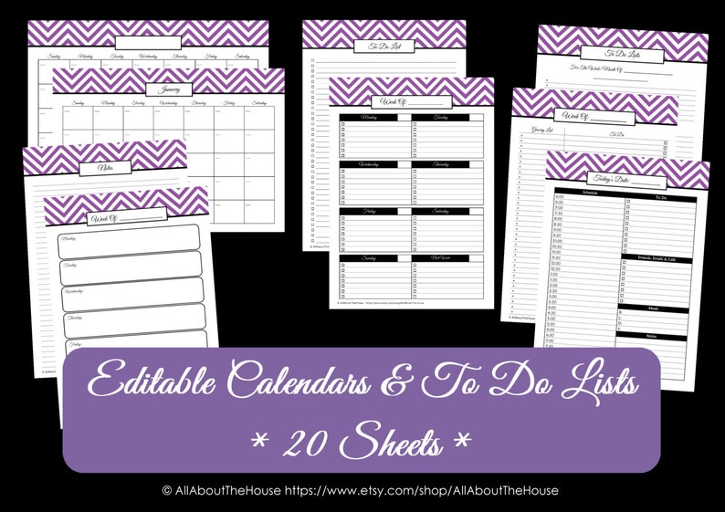 PURPLE EDITABLE To Do List and Calendar Set Perpetual Calendar Household Binder Chevron Printable Do List Pdf Day Planner Instant Dl 2018 image 1