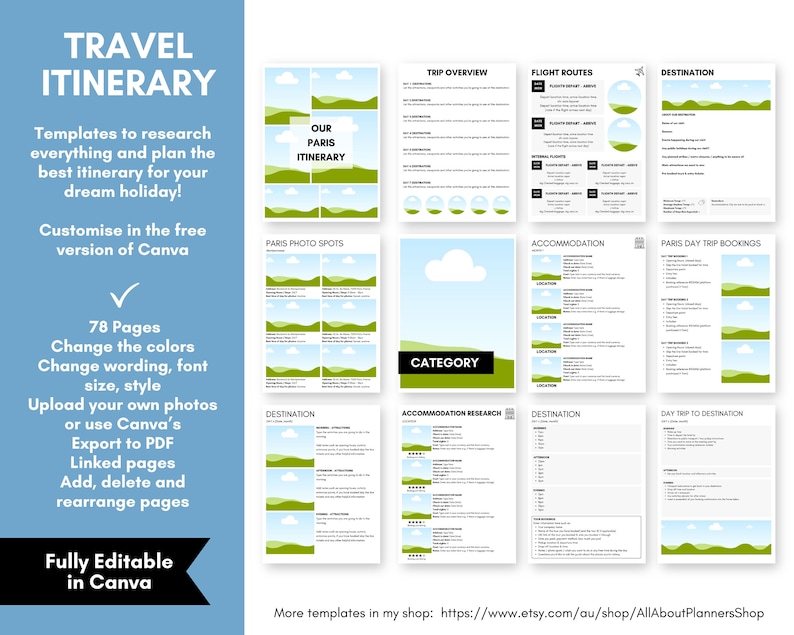 Travel Itinerary Template travel planner vacation trip hotel bookings day tours daily packing list fully editable & customisable in Canva image 9