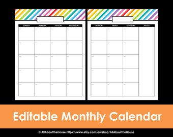 Printable Calendar 2 page monthly calendar printable rainbow perpetual editable PDF Household Binder Planner 2016 2017 daily letter organize