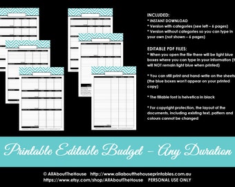 Planificador de presupuesto Imprimible Editable Presupuesto mensual (o cualquier duración) en blanco categorizado Finanzas PDF imprimible Carpeta doméstica administración del dinero