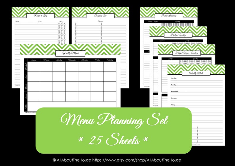 Menu Planner Printables Meal Planning Organisation-Household Binder-25 sheets-Chevron Planner Printables-PDF printable-Value Pack image 3