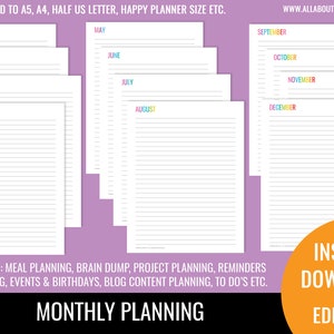 Monthly notes page printable planner insert refill bullet journal goals checklist to do US letter size can resize to a4 a5 personal size image 1