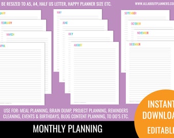 Monthly notes page printable planner insert refill bullet journal goals checklist to do US letter size can resize to a4 a5 personal size