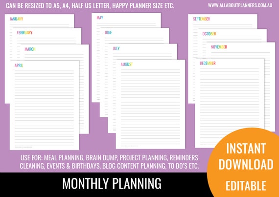 Monthly notes page printable planner insert refill bullet journal