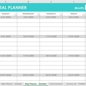Meal planning excel spreadsheets grocery list food inventory favorite recipes menu plan monthly family google sheets home planner afbeelding 3