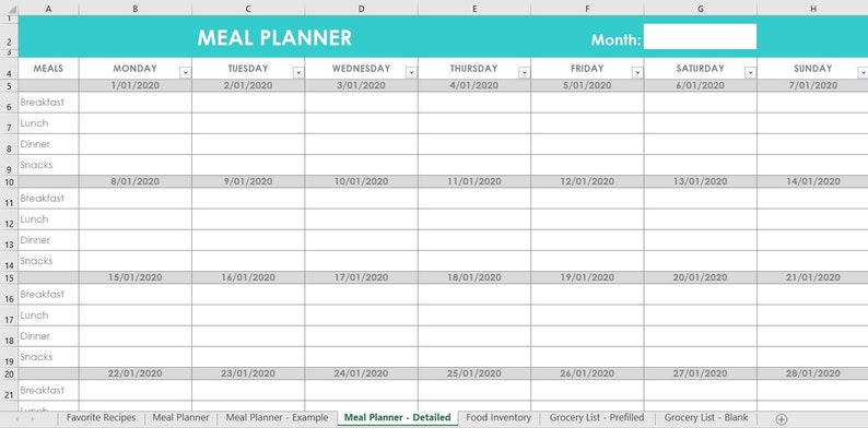 Meal planning excel spreadsheets grocery list food inventory favorite recipes menu plan monthly family google sheets home planner afbeelding 3