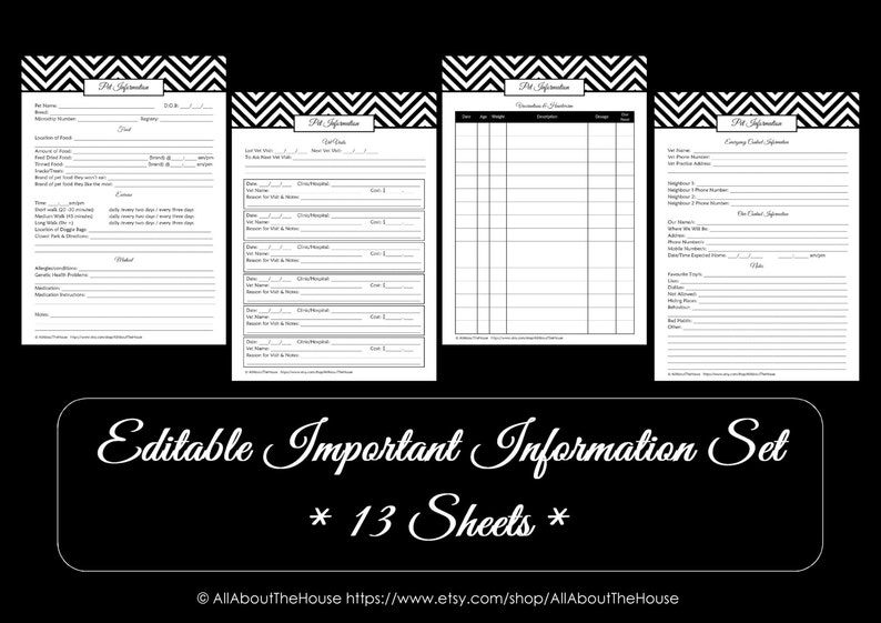 BLACK EDITABLE Important Information Printable Home Organisation Household Binder Pdf Chevron Printable Pet Insurance Phone Instant Download image 2