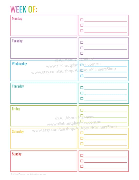 Weekly planner printable editable 1 page rainbow checklist cleaning ...