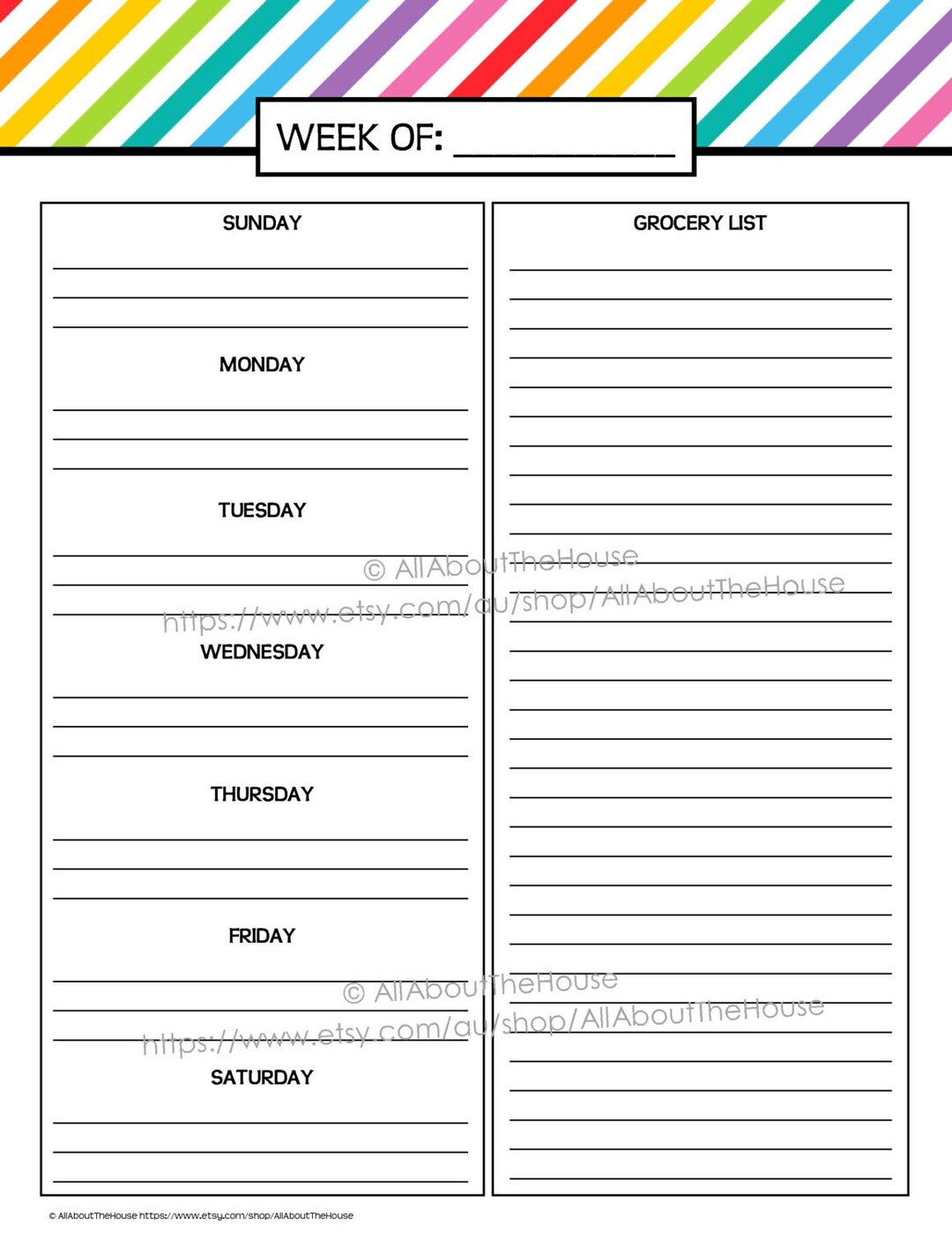 Weekly Meal Planner Printable Rainbow Stripe Menu Planner PDF Editable ...