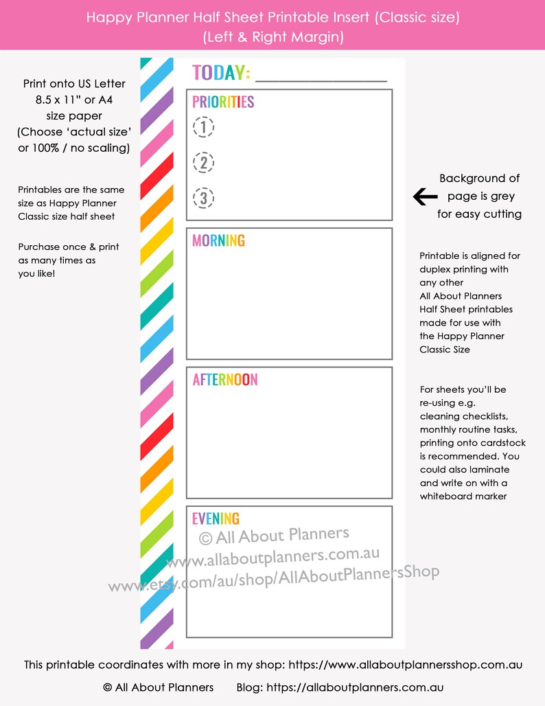 Daily Planner Happy Planner Half Sheet Morning Afternoon Etsy