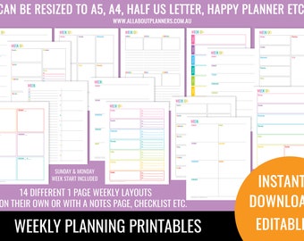 Weekly planner printable 1 page spread insert editable refill to do checklist rainbow ink friendly US letter size resize a5 half junior
