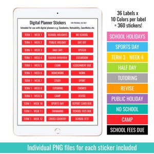 May include: A digital planner sticker set with 36 labels in 10 colours, totalling 360 stickers. The labels are for school-related events, such as school holidays, sports day, half day, tutoring, and revise. The labels are designed for use with digital planners, such as Goodnotes, Noteability, ZoomNotes, and Xodo.