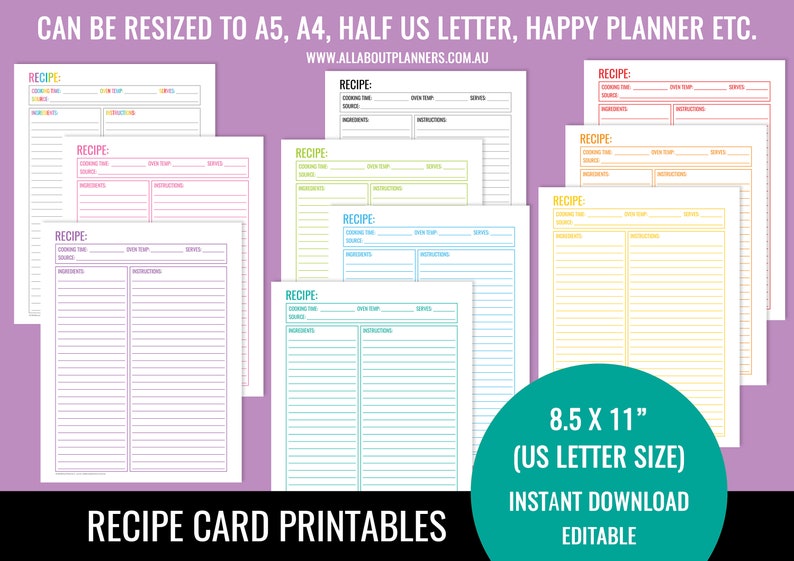 May include: A collection of printable recipe cards in various colors including pink, purple, green, blue, orange, and yellow. Each sheet features fields for recipe title, cooking time, oven temperature, servings, source, ingredients, and instructions.