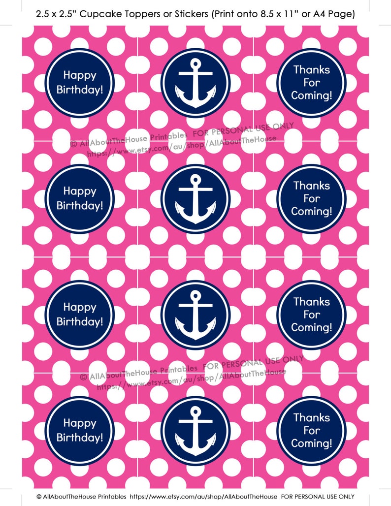 Cupcake topper, party printable, nautical, thank you, hang tag, sticker, label, girl, birthday, navy, pink, anchor, diy, instant download image 1