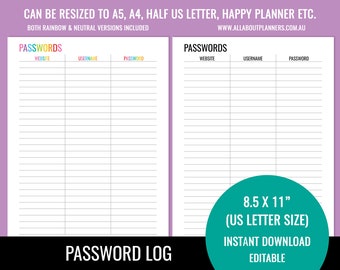 Password Log planner editable printable calendar insert list refill goals start organizer agenda US letter size resize a5 personal size half