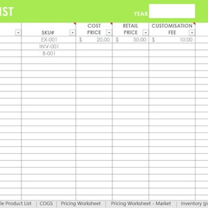 Inventory spreadsheet etsy seller tool shop management supplies materials cost of goods sold wholesale retail pricing worksheet excel GREEN image 3