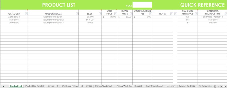 Inventory spreadsheet etsy seller tool shop management supplies materials cost of goods sold wholesale retail pricing worksheet excel GREEN image 3