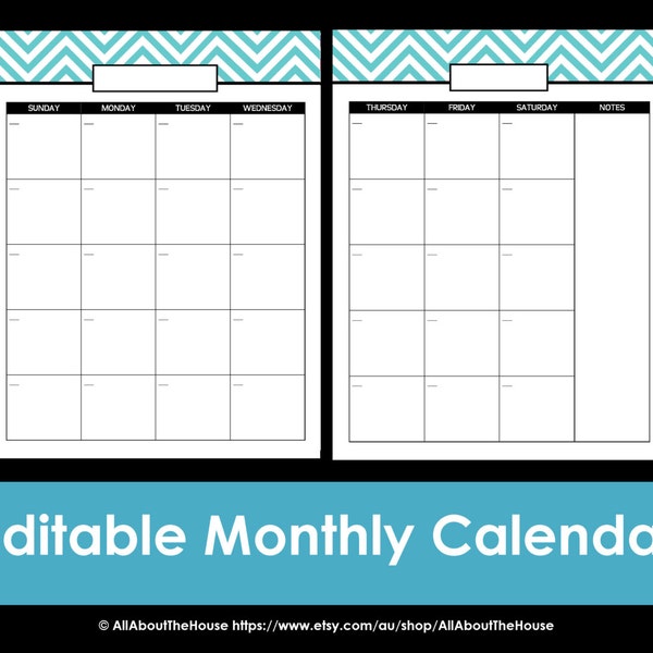 Printable Calendar 2 page month printable US letter & half letter size perpetual editable PDF Household Binder Planner 2015 daily organize